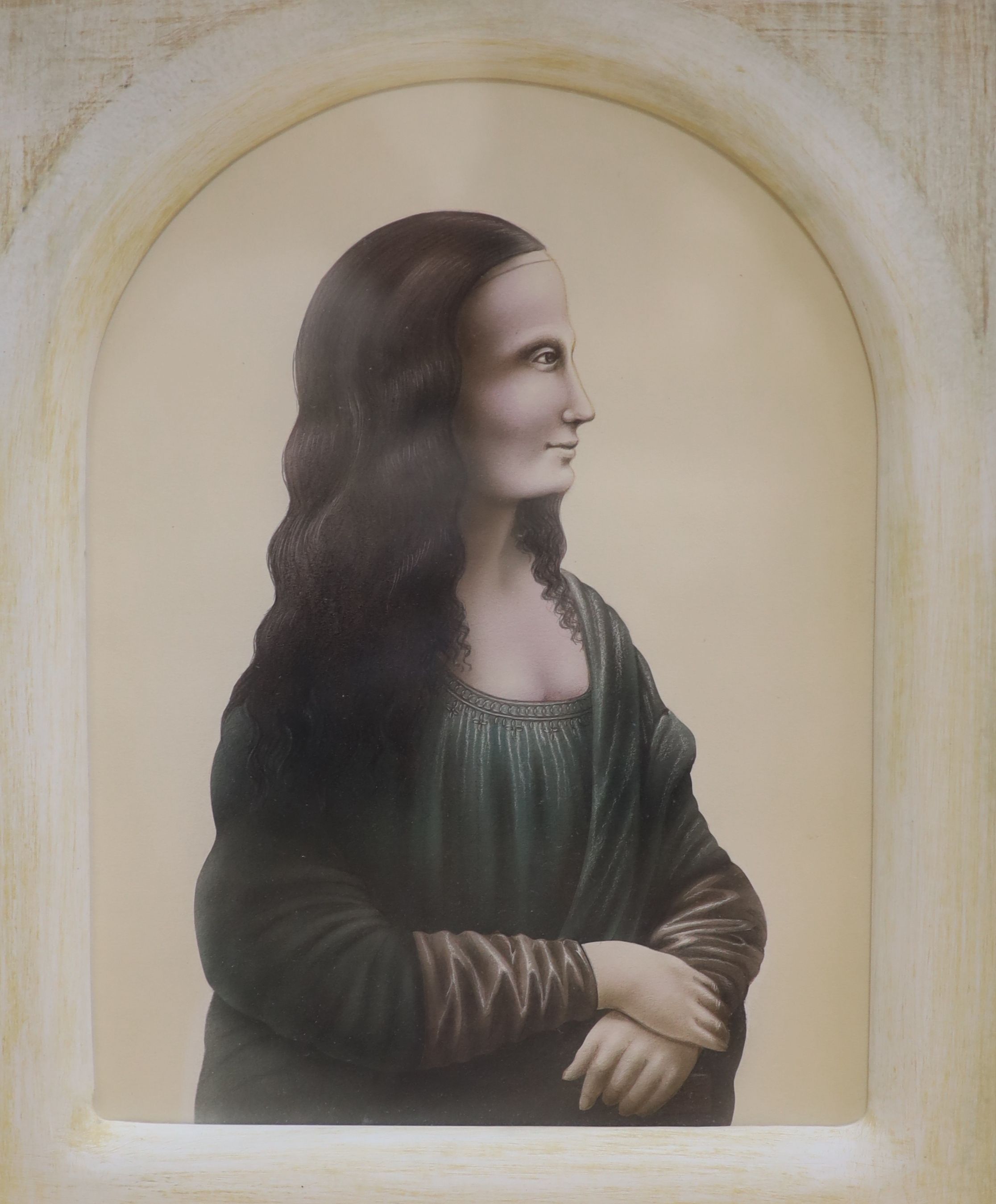 Attributed to David Pelham, tempera, Mona Lisa in an archway, signed and inscribed verso, 24 x 18cm